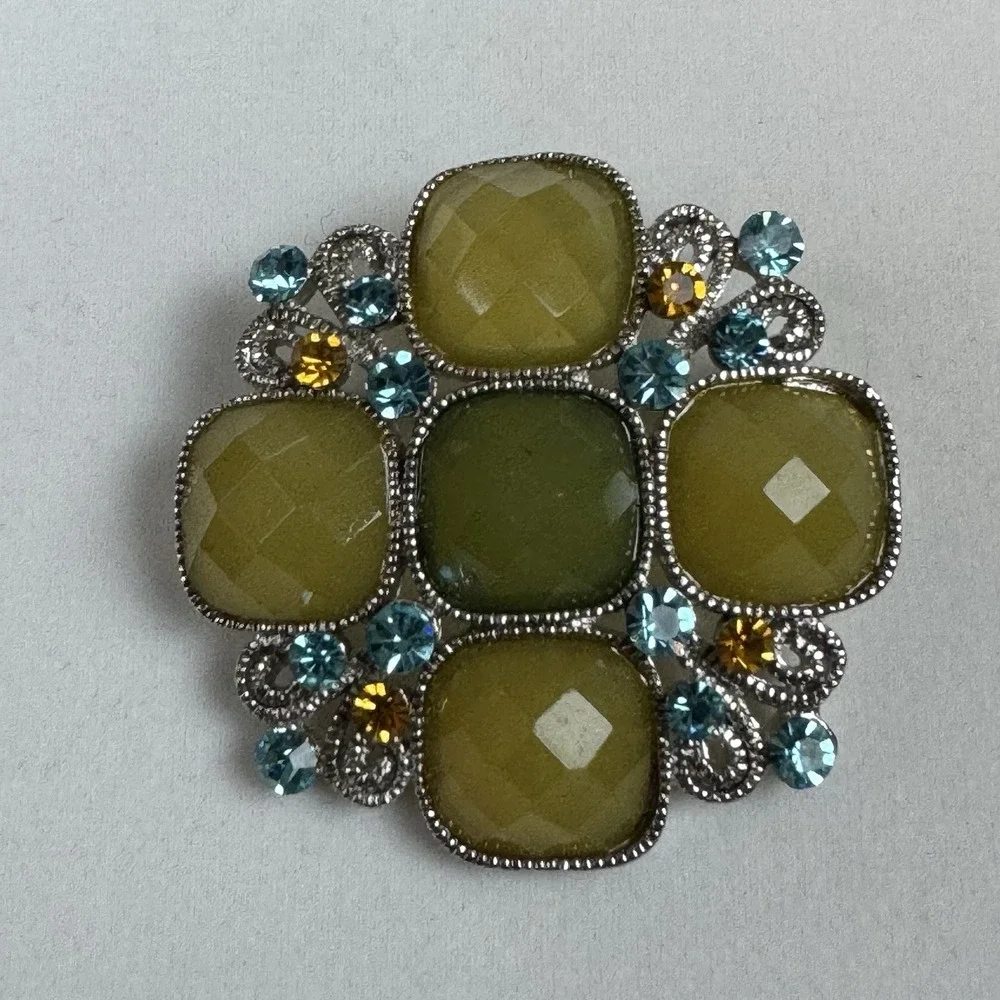 NWT CHARLES KLEIN‎ RHINESTONE BROOCH IN SHADES OF GREEN Aqua Orange rhinestone